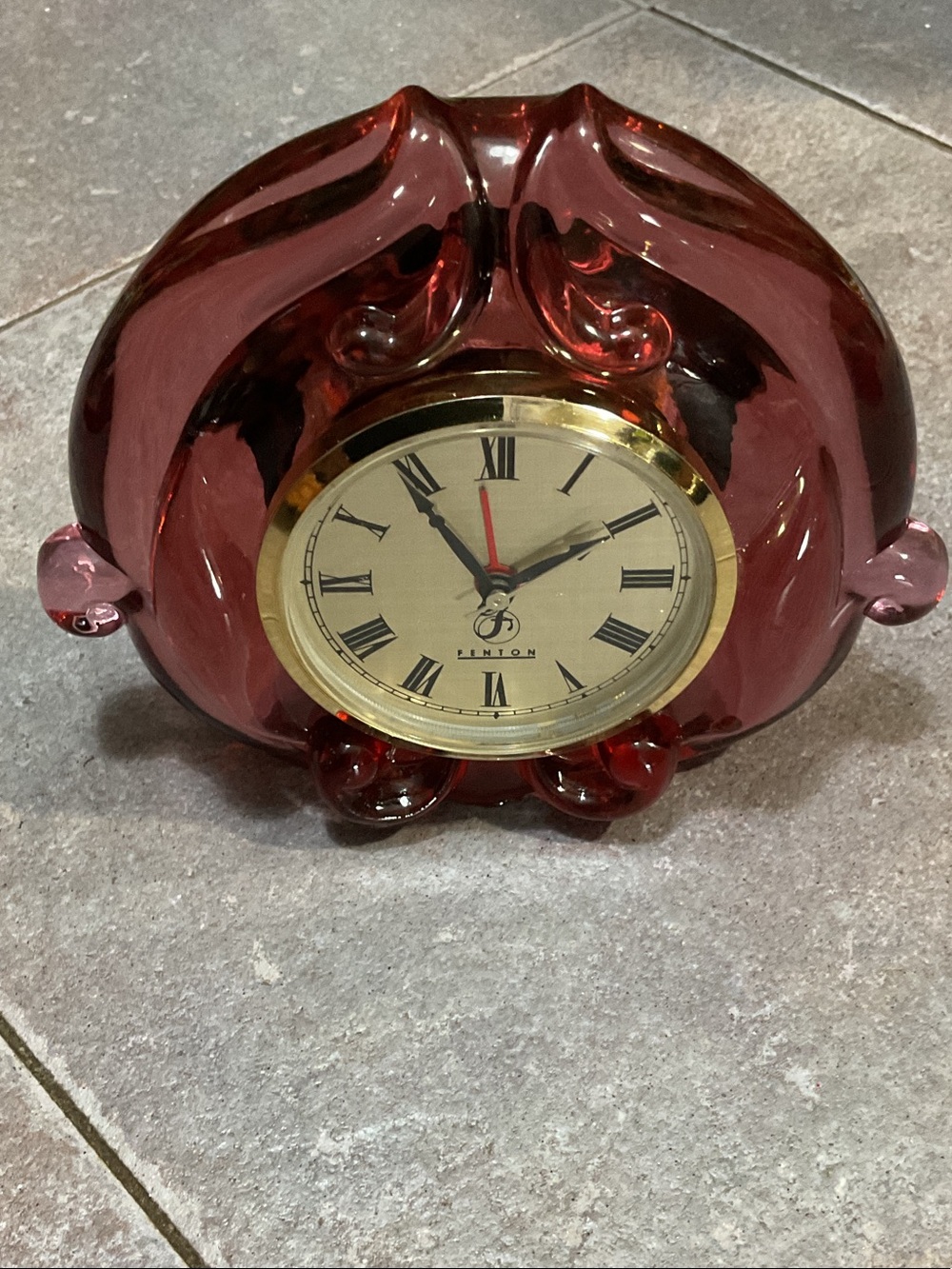 Fenton Glass Mantel Clock with Gold Bezel cranberry